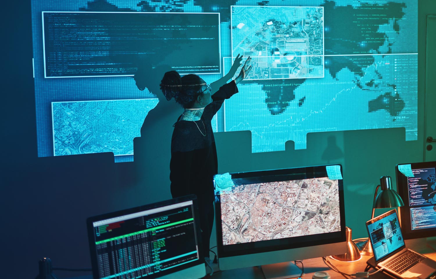 Cybersecurity, woman and global network presentation for phishin